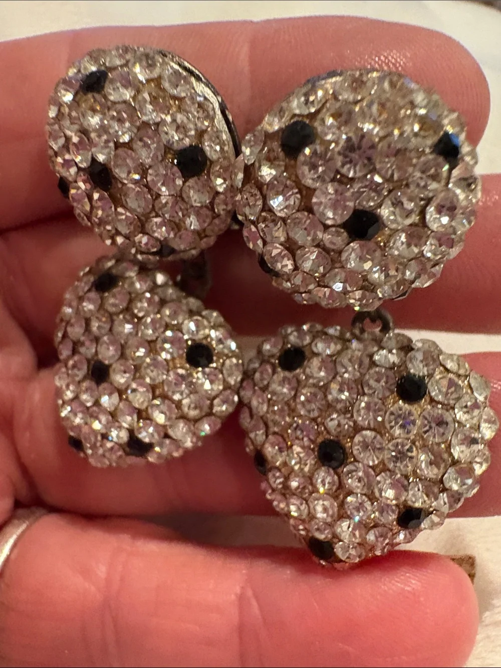Vintage Black & Clear Drop heart Crystal Earrings New Clip